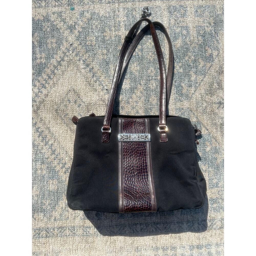 Brighton Women's Black Brown Canvas With Croc Embossed Leather Shoulder Bags